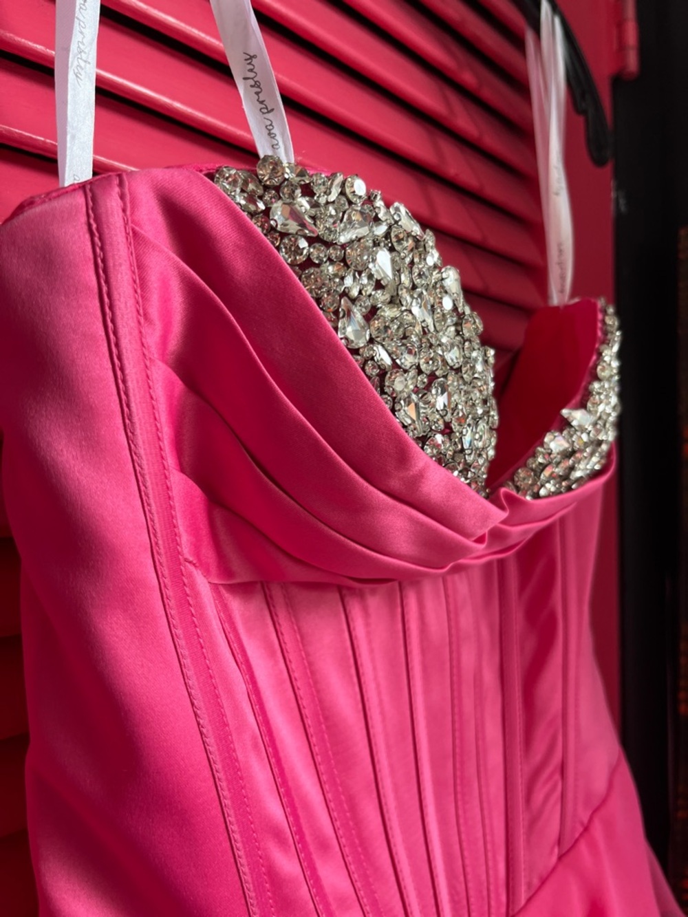 Beaded Bust Hot Pink Tiered Ruffle Prom Dress - Picture 16 of 16